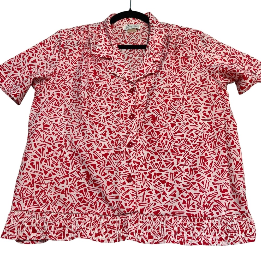 Joanna Top Vintage Smocked Hem Short Sleeve Size 10 Red White Abstract Button Up